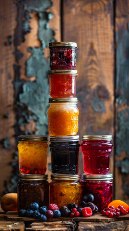 various jars of fruit jam on dark table.の素材