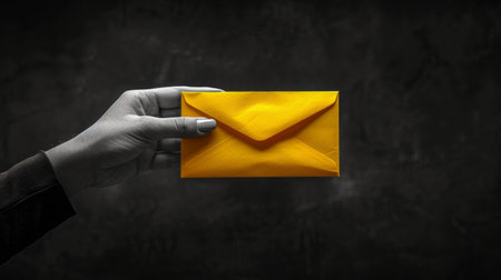 Woman hand holding yellow envelope on dark background.の写真素材