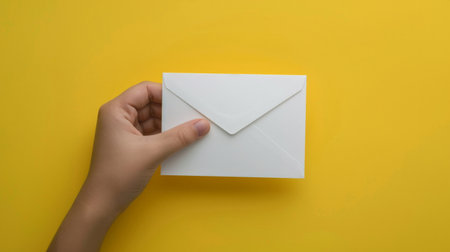 Woman hand holding yellow envelope on dark background.の写真素材
