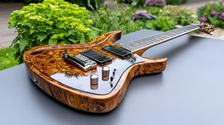 A stunning electric guitar rests elegantly on a table outdoors, featuring a breathtaking wood finish against a backdrop of vibrant flowers and greenery, reflecting craftsmanship and beauty.の写真素材