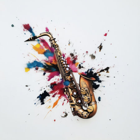 A saxophone sits prominently, surrounded by vibrant splashes of color in an artistic display, showcasing creativity and musical expression in a contemporary setting.の写真素材