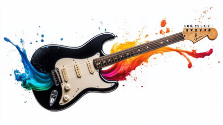 A black electric guitar leans against a white backdrop, radiating vibrant blue, yellow, and red paint splashes that convey artistic energy and passion for music.の写真素材