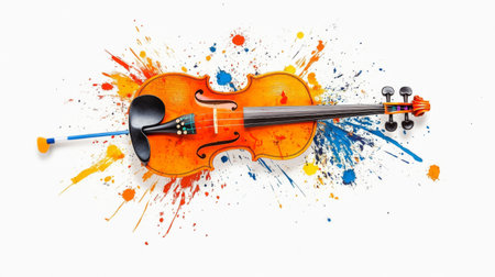 An orange violin is displayed on a white backdrop, surrounded by vivid splashes of paint in blue, yellow, and red, highlighting creativity and the joy of music.の写真素材