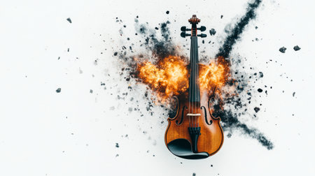 A beautifully crafted violin appears to explode with fiery bursts and smoke, adding dramatic flair to the stark white background and highlighting the power of music.の写真素材