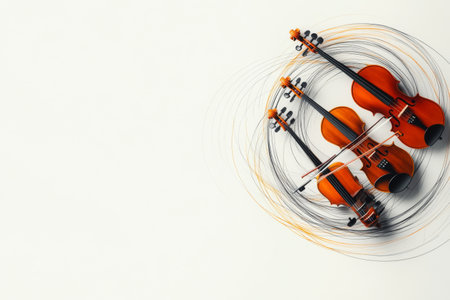 An artistic display of three violins arranged on a plain backdrop, with dynamic strings extending outward, symbolizing music in motion and creativity.の写真素材
