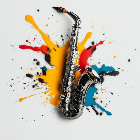 The saxophone is positioned centrally, surrounded by a dynamic burst of colorful paint splashes, conveying a lively artistic expression and the joy of music.の写真素材