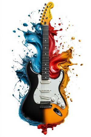 A striking electric guitar stands prominently, enveloped by energetic splashes of blue, red, and orange paint, creating a lively artistic effect.の写真素材