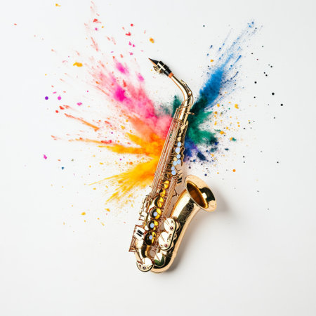 The golden saxophone rests against a white background, with bright splashes of pink, orange, blue, and green surrounding it, symbolizing the fusion of music and creativity.の写真素材
