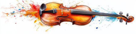 An artistic representation showcases a violin with vivid splashes of color emanating from it, capturing the essence of music and creativity in an engaging manner.の写真素材