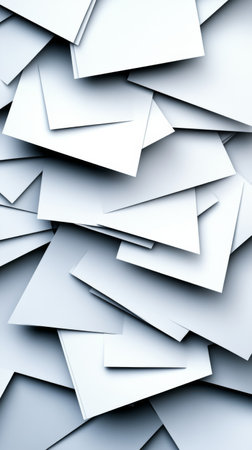 A pile of blank sheets of paper covers a workspace, showcasing various sizes and orientations. The scene suggests a busy environment, perfect for creativity and organization.の素材