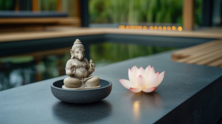 A Ganesh statue sits peacefully beside a blooming lotus flower on a stone dish near a tranquil pond. Soft lights create a calming atmosphere in the serene garden.の素材