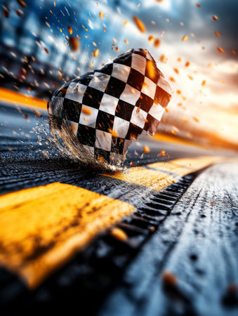 A checkered racing flag flies through the air, splashing water on the wet asphalt. The vibrant sunset glows in the background, enhancing the intense atmosphere of the race.の素材