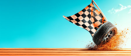 A tire is kicking up sand while drifting across a desert landscape. A checkered flag waves in the wind, symbolizing victory and excitement under a clear blue sky.の素材