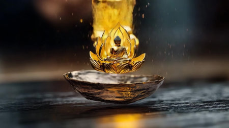 A golden Buddha statue floats peacefully above a beautifully crafted bowl, symbolizing serenity and mindfulness. The peaceful atmosphere invites reflection and tranquility.の写真素材