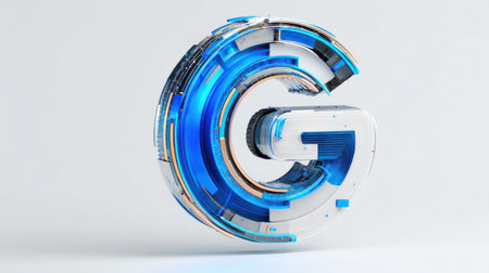 A modern representation of the letter G features blue and white colors, incorporating sleek lines and a futuristic design.の素材