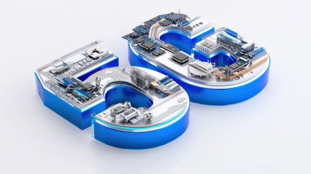 A creative representation of 5G technology features circuits, chips, and various electronic components arranged in bold numbers, showcasing the advancement in wireless communication.の素材