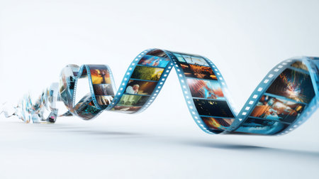A curvy film strip flows across a white background, displaying vibrant images of diverse scenes from various films, highlighting the art of cinematography.の素材
