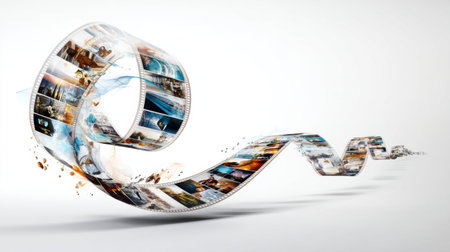 A dynamic film reel unfurls with vibrant images from adventures and landscapes. The reel twists in mid-air, highlighting moments frozen in time, set against a clean white backdrop.の素材