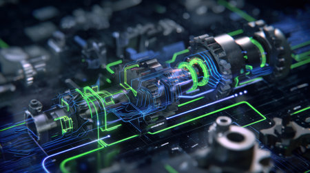 Detailed circuitry showcases mechanical parts interconnected by glowing lines on a dark surface. This scene highlights the blend of technology and engineering in a dynamic way.の素材