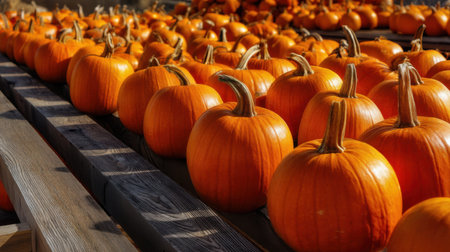 Rows of bright orange pumpkins sit on wooden crates at a farm market during autumn. Visitors are likely selecting pumpkins for Halloween and seasonal decor.の素材