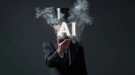 A magician in a black suit and top hat produces glowing letters spelling AI from his hand. The dramatic scene is enhanced by a smoky background that adds a sense of mystery and intrigue.の素材