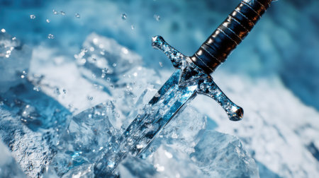 A sword is firmly set in a block of ice, surrounded by splashes of water. The scene captures the contrast of metal and ice in a cold environment.の素材