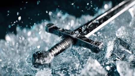 A silver sword is placed on fractured ice, creating a stunning contrast. Shattered pieces glisten as they catch light, enhancing the atmosphere of the scene.の素材