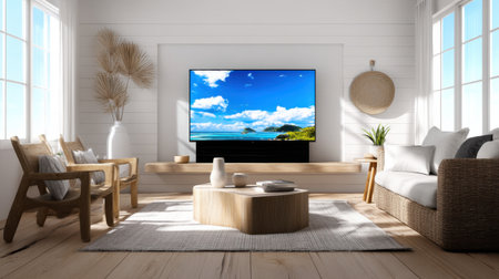 A bright living room showcases a large TV displaying a scenic ocean view. Natural light floods the space, highlighting the stylish furniture and calming atmosphere.の素材