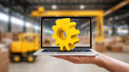 A hand holds a laptop displaying a yellow gear icon. The background shows an industrial warehouse with stacked boxes and machinery, illustrating advanced technology in manufacturing.の素材