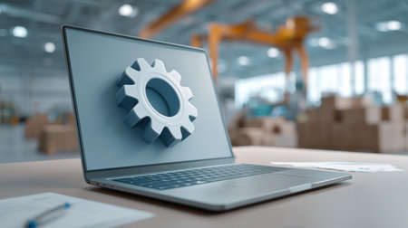 A sleek laptop is open on a wooden table, showcasing a 3D gear symbol on its screen. The bright industrial setting features machinery and boxes in the background, indicating a dynamic workspace.の素材