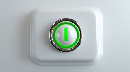 A green power button sits on a smooth white surface, glowing brightly. This button symbolizes readiness and activation, waiting for a user to engage it.の素材