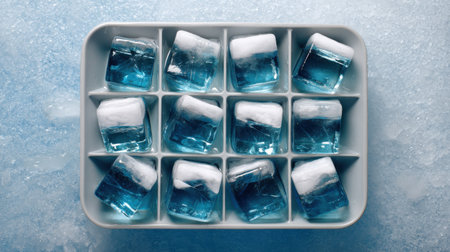 Vibrant blue ice cubes are neatly arranged in a white ice tray, reflecting sunlight, creating a fresh and cooling atmosphere, perfect for beverages.の素材