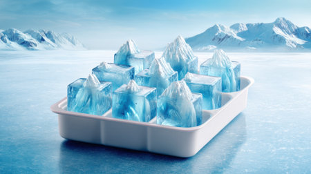 Intricate ice cubes shaped like mountains showcase their blue tones in a white tray. The backdrop features a calm, cold landscape with snow-capped peaks and a clear sky, creating a peaceful scene.の素材
