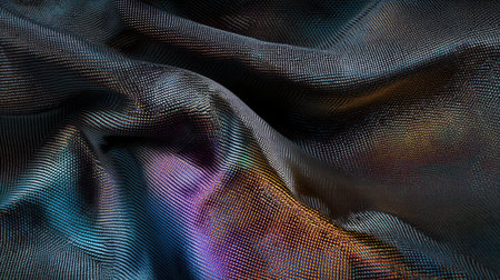 Soft fabric flowing with intricate patterns and colors. The light reflects off the texture, creating a mix of hues and a visually interesting surface. Ideal for use in fashion or design projects.の素材