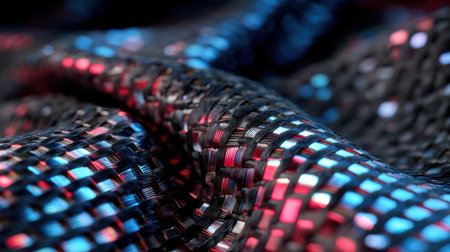 Close-up view of a textured fabric showcasing woven patterns with vibrant red and blue details. The intricate design reflects light, creating a striking effect suitable for fashion or design.の素材