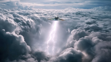 A glowing spaceship is seen hovering amidst thick dark clouds, illuminating the sky with a powerful beam of light. Lightning strikes create a dramatic backdrop to this unusual scene.の素材