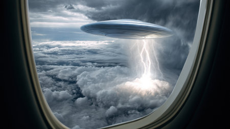 Heavy clouds form a dramatic backdrop as a UFO hovers above, emitting bright light during a thunderstorm. This unusual sight adds intrigue to the flight experience.の素材