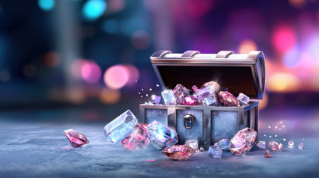 A treasure chest brimming with sparkling gems and crystals shines brightly on a reflective surface. The colorful stones create a magical atmosphere in the evening glow.の素材