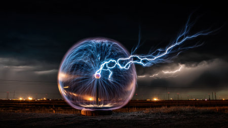 Bright electric arcs and lightning bolts create an electrifying atmosphere at night. A large spherical device emits colorful energy, showcasing the beauty of electricity in a dramatic landscape.の素材