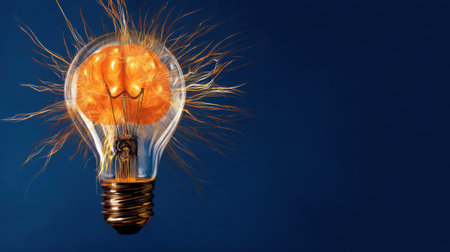 A light bulb radiates bright energy as electric sparks emanate from it, set against a deep blue background. The scene captures the beauty of electrical power and innovation.の素材