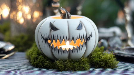 This spooky pumpkin lantern, designed for Halloween, features jagged facial details and a flickering light. It sits on a green moss bed, adding a festive touch to the outdoor scene.の素材