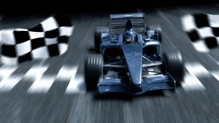A blue race car speeds past the finish line with checkered flags waving on either side, capturing the excitement of a high-octane racing event during daylight.の素材