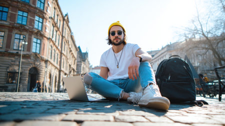 A man sits on cobblestone streets in a city, wearing casual clothing and a yellow beanie. He focuses on his laptop, surrounded by historic buildings and bright sunshine.の素材