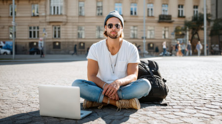 A young man is sitting cross-legged on the pavement, focused on his laptop. He wears casual clothes and sunglasses, with a backpack beside him. People walk by in the background.の素材
