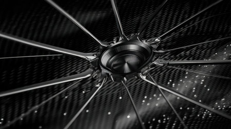 The focus is on a detailed bicycle wheel hub and spokes, highlighting the smooth metal finish and intricate design against a dark textured surface. The contrast emphasizes craftsmanship.の素材