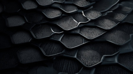 A close view reveals a textured black surface made up of interconnected hexagons. The pattern emphasizes modern materials and design aesthetics, creating a striking visual effect.の素材