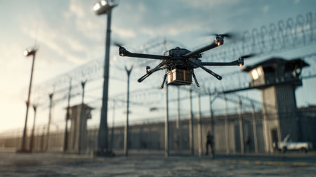 A drone flies over a secure facility at sunset, highlighting its role in surveillance and monitoring. The scene captures the blend of technology and security measures in place.の素材