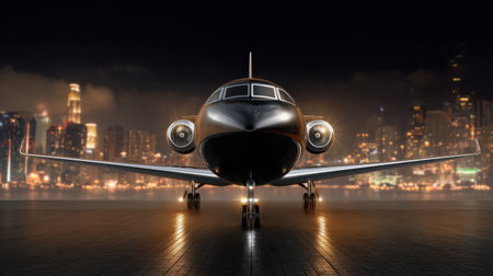 A sleek private jet stands on a runway at night, illuminated by city lights. The skyline features tall buildings, creating a vibrant urban atmosphere.の素材