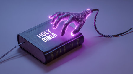 A vibrant, glowing electric hand emerges from a Holy Bible. This artwork symbolizes the blend of spirituality and technology, showcasing a modern interpretation of faith.の素材