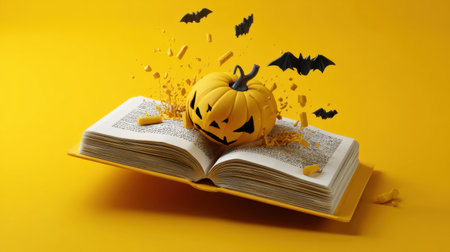 A bright yellow background showcases a carved pumpkin popping out from the pages of an open book, surrounded by flying bats and scattered candy pieces. Perfect for Halloween themes.の素材